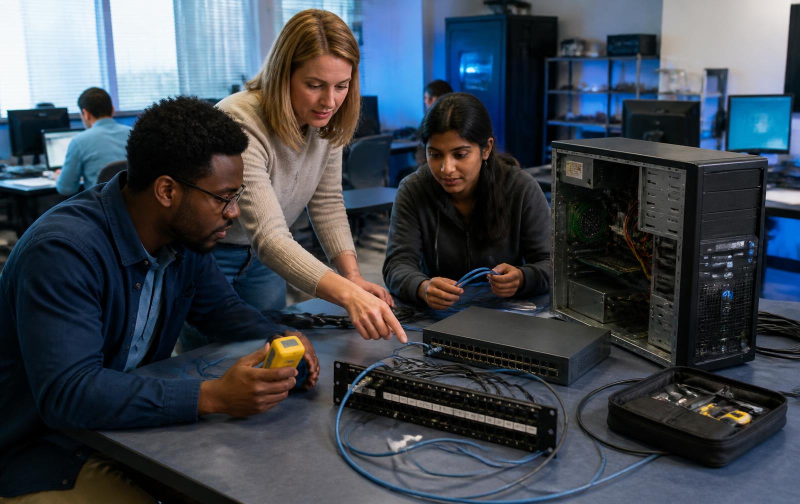 Instructor guiding two students through a network cabling and switch configuration lab