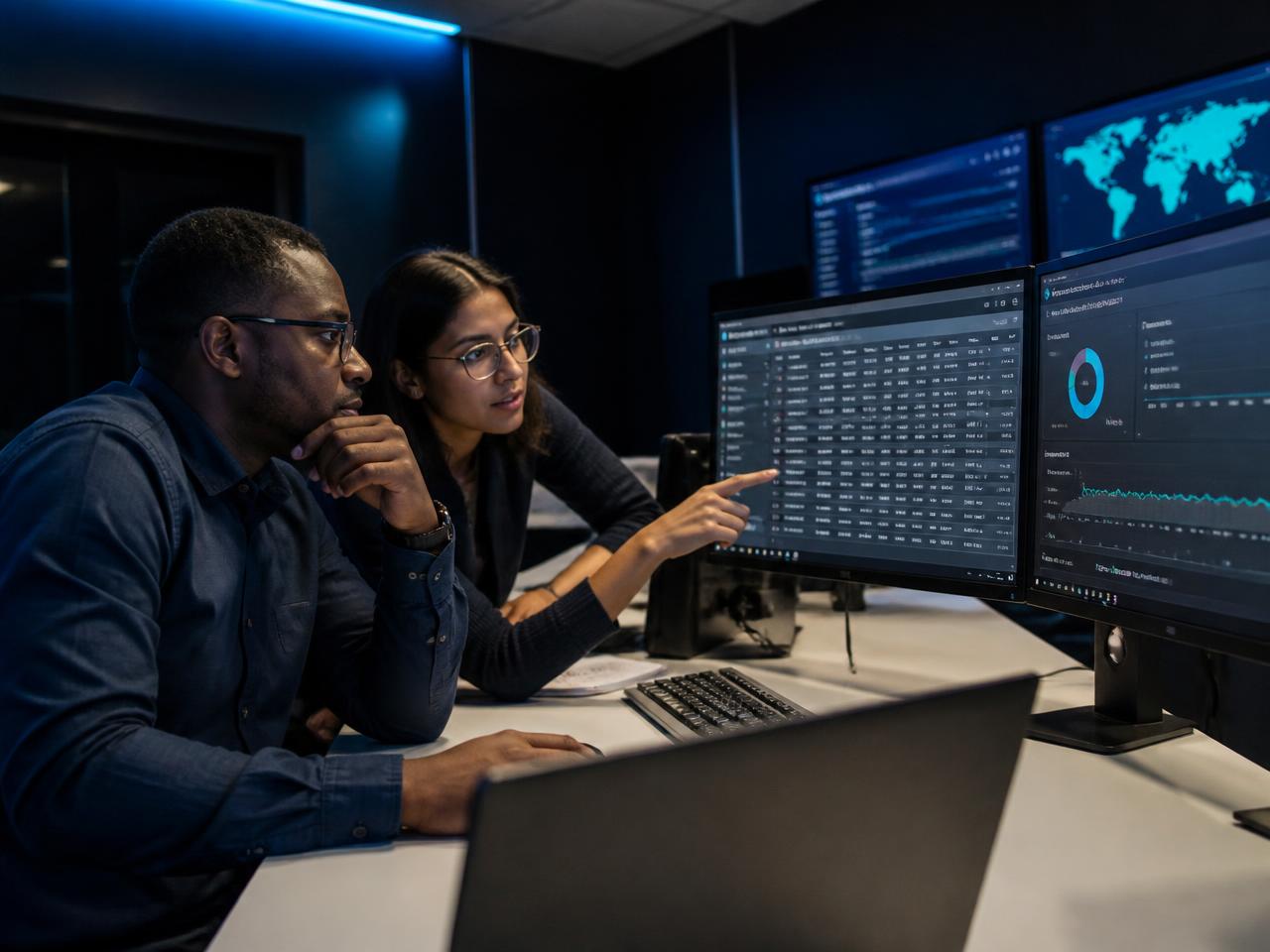 Two students reviewing security dashboards and firewall logs in a monitoring room