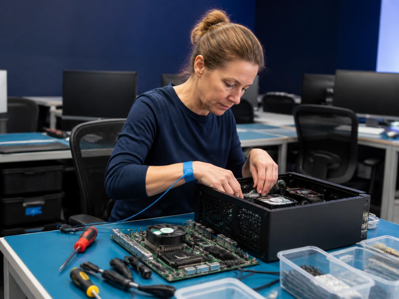 Adult student assembling server hardware with anti-static protection