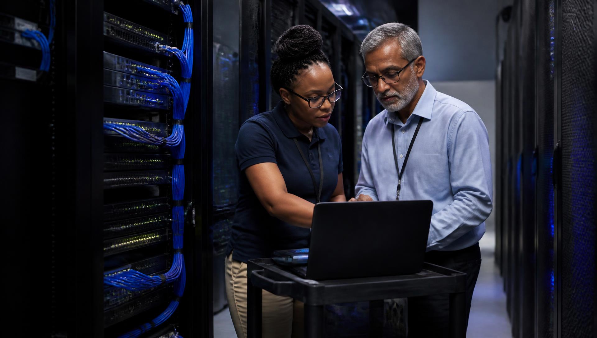 Technology infrastructure lab with server racks and structured cabling